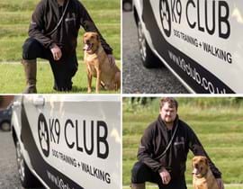 Andy O'Brian with a Labrador dog and the side of his van with sign-writing